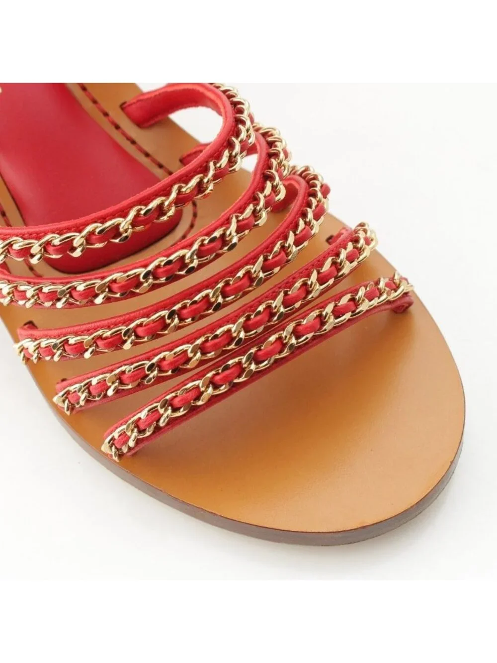 Chanel Leather Wood Chain Thick Sole Platform Sandals Red